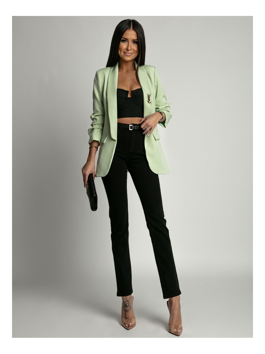 Women\'s jacket with ruffled pistachio sleeves AZR80172